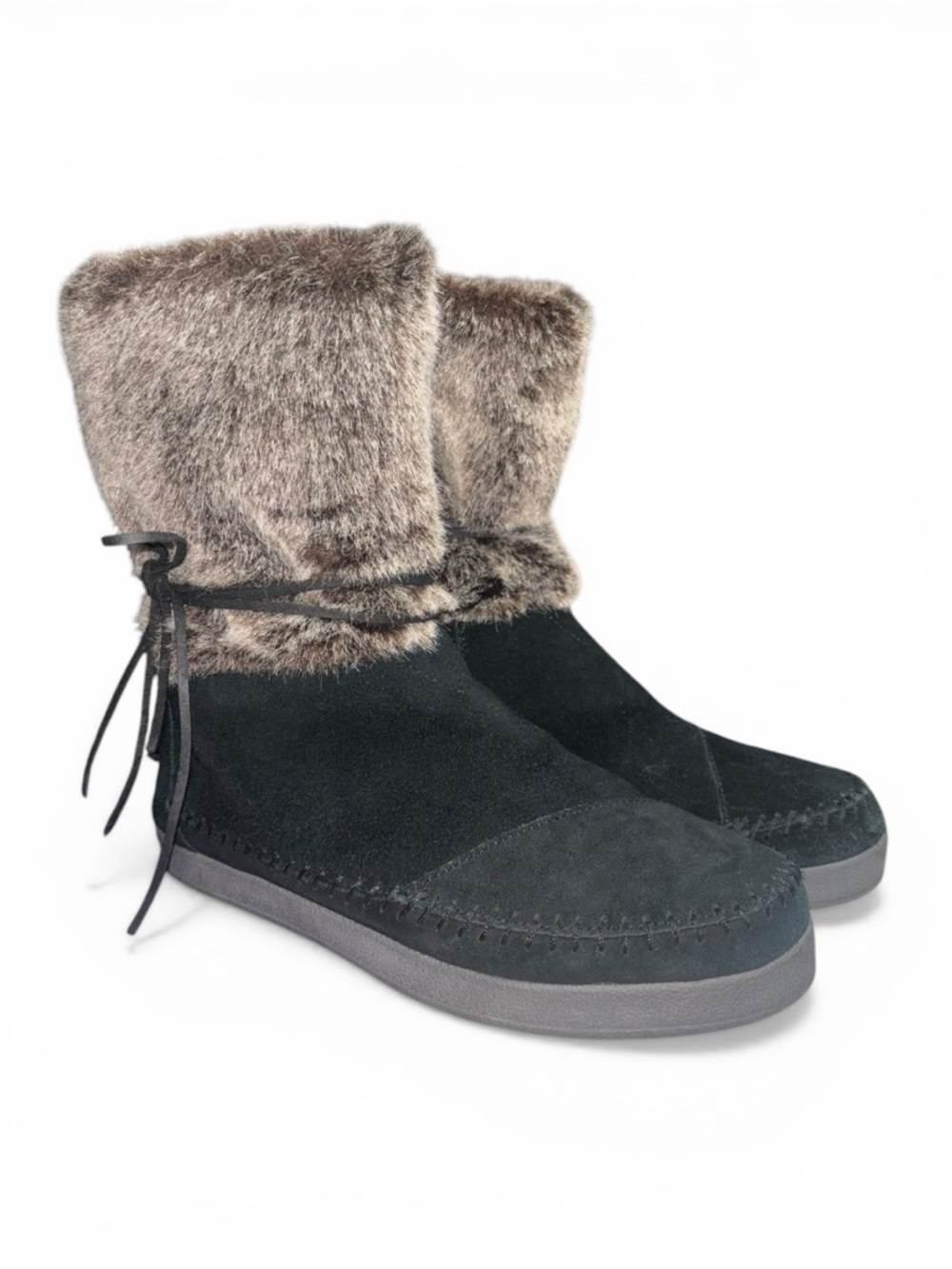 TOMS Nepal Black Suede Brown Faux Hair Ankle Winter Boots Womens - Size 10